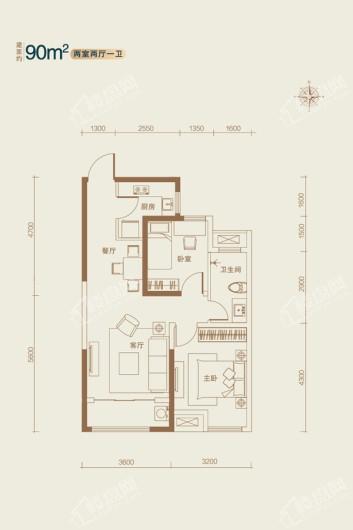 逸家公馆90㎡户型 2室2厅1卫1厨