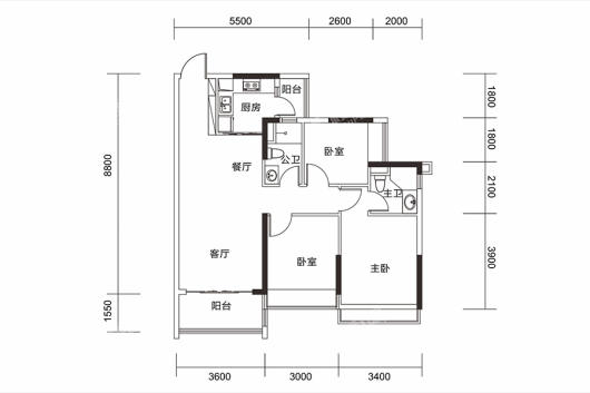 金丰华府03单元建面99㎡套内79㎡3房-户型 3室2厅2卫1厨