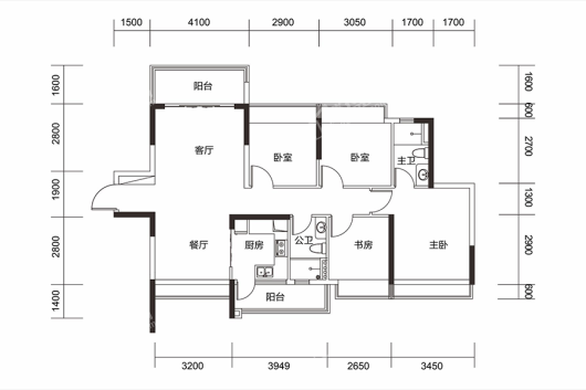 金丰华府01单元建面118㎡套内95㎡4房-户型 4室2厅2卫1厨