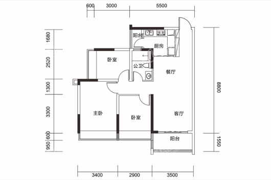 金丰华府04单元建面94㎡套内76㎡3房-户型 3室2厅2卫1厨