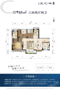 大发珑悦四季88㎡三房两厅两卫 3室2厅2卫1厨