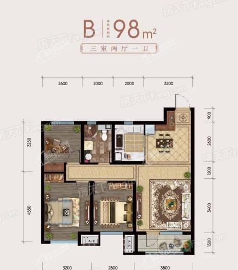 龙湖·九里晴川B户型 3室2厅1卫1厨