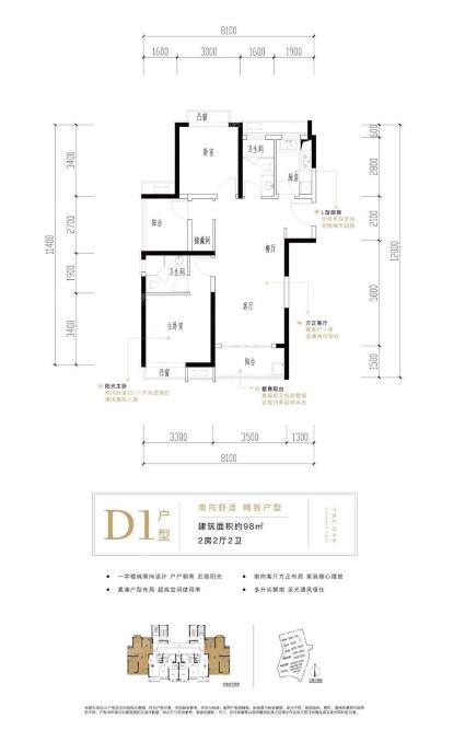 中梁旭辉壹号院D1户型98平