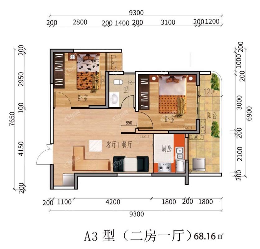 A3户型建面约68.16㎡二房一厅