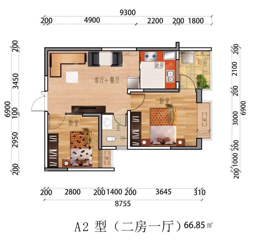 A2户型建面约66.85㎡二房一厅