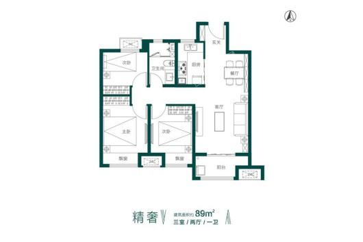 郑州孔雀城公园海精奢高层89㎡户型 3室2厅1卫1厨