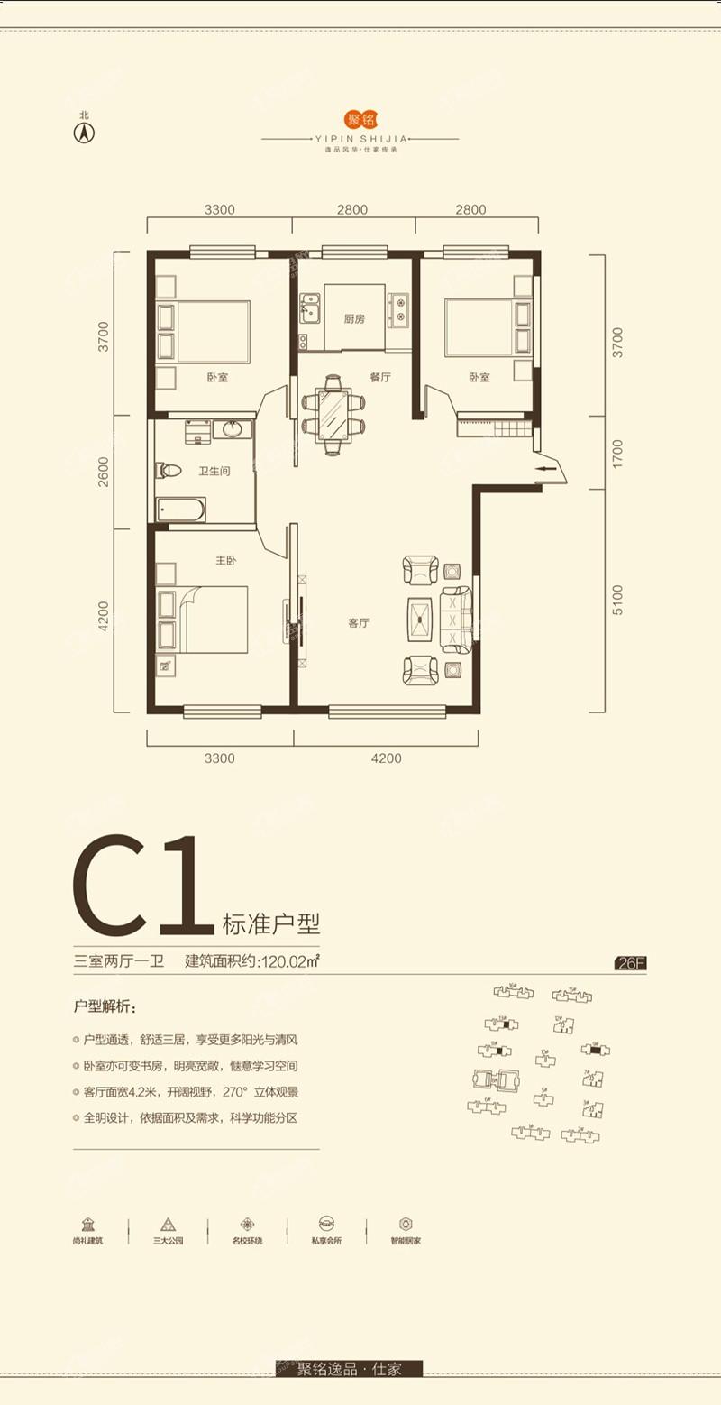 C1户型-三室两厅一卫-120.02平米