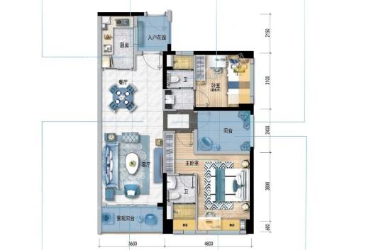 碧桂园广佛上城住宅C户型96㎡ 2室2厅2卫1厨