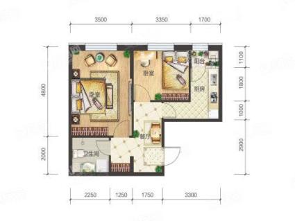 4-3-04户型， 2室1厅1卫1厨， 建筑面积约62.12平米