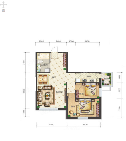 3-3-04户型， 2室2厅1卫1厨， 建筑面积约100.05平米