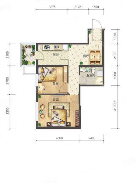 3-1-04户型， 2室1厅1卫1厨， 建筑面积约63.35平米