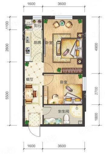 1-05/1-08户型， 2室1厅1卫1厨， 建筑面积约65.10平米