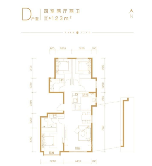 北京橡树珑湾D户型4室2厅2卫