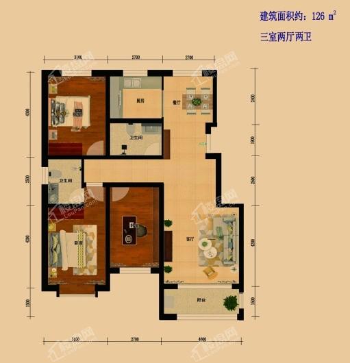 育龙湾小区建面126平米三居户型 3室2厅2卫1厨