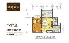 C2户型图 1室2厅1卫1厨57.13㎡