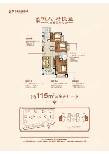 郑东恒大文化旅游城115平户型 3室2厅1卫1厨