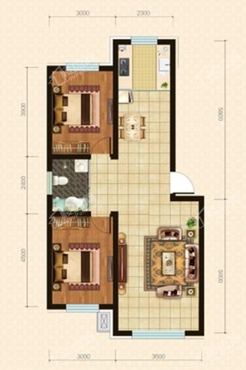 万晟·新阳光22栋86平户型 2室2厅1卫1厨