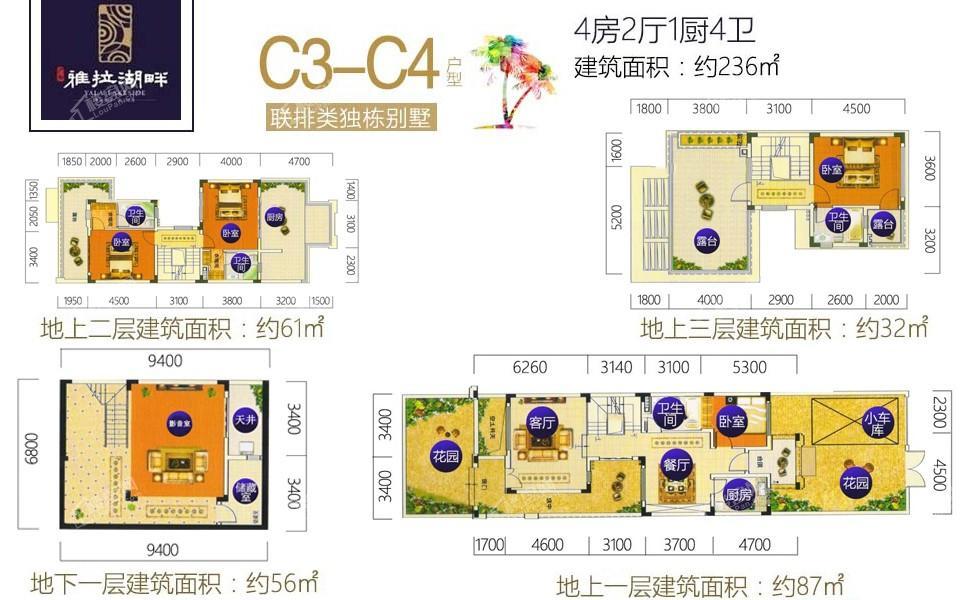 联排类独栋别墅C3-C4户型 4房2厅1厨4卫 236㎡