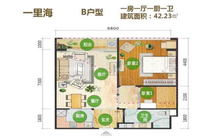 B户型 1房1厅1厨1卫 42.23㎡