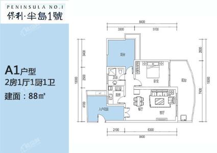 A1户型 2房1厅1厨1卫 88㎡