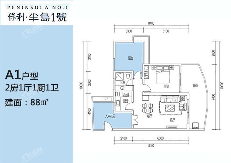 A1户型 2房1厅1厨1卫 88㎡