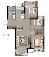 B户型，3室2厅1卫，约86平米（建筑）