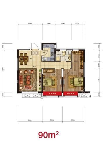 天泽凯旋华府90平米户型图2 2室2厅1卫1厨