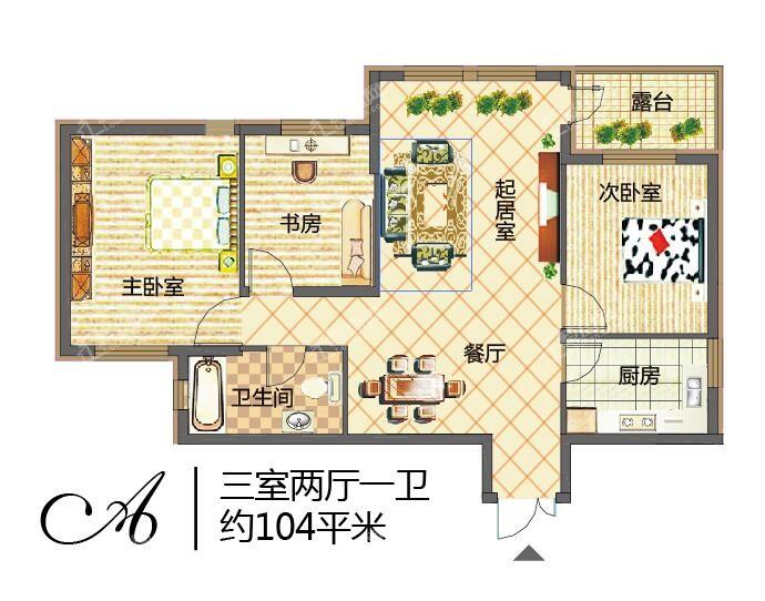 嘉禾华府  A户型：三室两厅一卫  3居2厅1卫-104㎡