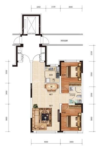 万龙国际城三期A3户型图 2室2厅1卫1厨