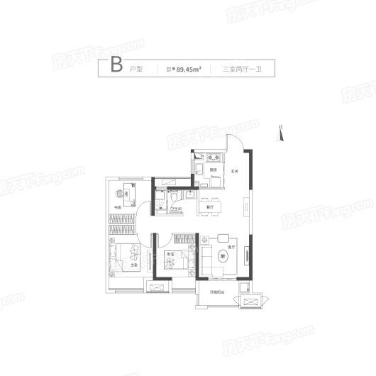 绿都中梁青云赋B户型 3室2厅1卫1厨