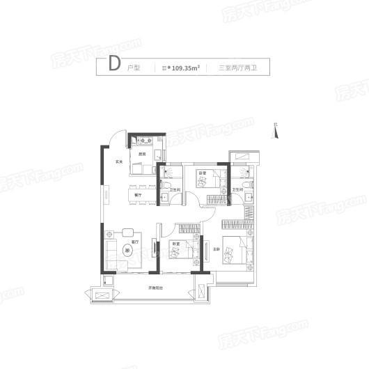 绿都中梁青云赋D户型 3室2厅2卫1厨