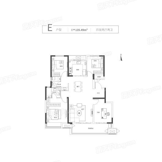 绿都中梁青云赋E户型 4室2厅2卫1厨