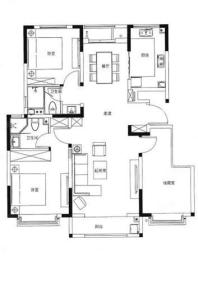 九和府洋房标准层121平米户型 3室2厅2卫1厨