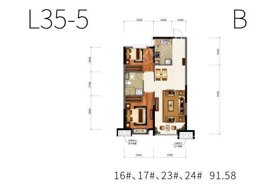 沈阳恒大时代新城91.58平米户型 2室2厅1卫1厨