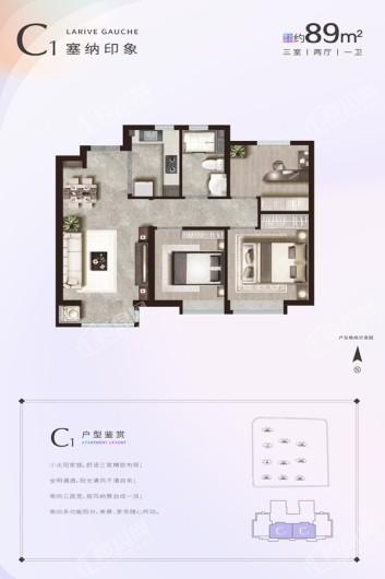 中海左岸澜庭高层标准层C1户型 3室2厅1卫1厨