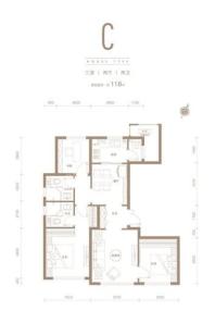 融创璟园小高层标准层118平米C户型 3室2厅2卫1厨
