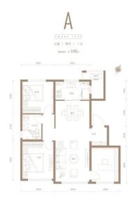 融创璟园洋房标准层105平米A户型 3室2厅1卫1厨