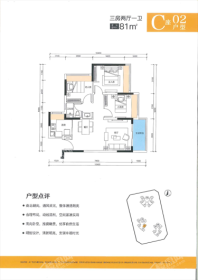 方直谷仓府02户型81平 3室2厅1卫1厨