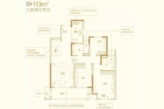 扬中吾悦广场住宅113平户型 3室2厅2卫1厨