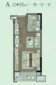 中大朗园建面约55㎡户型 1室1厅1卫1厨