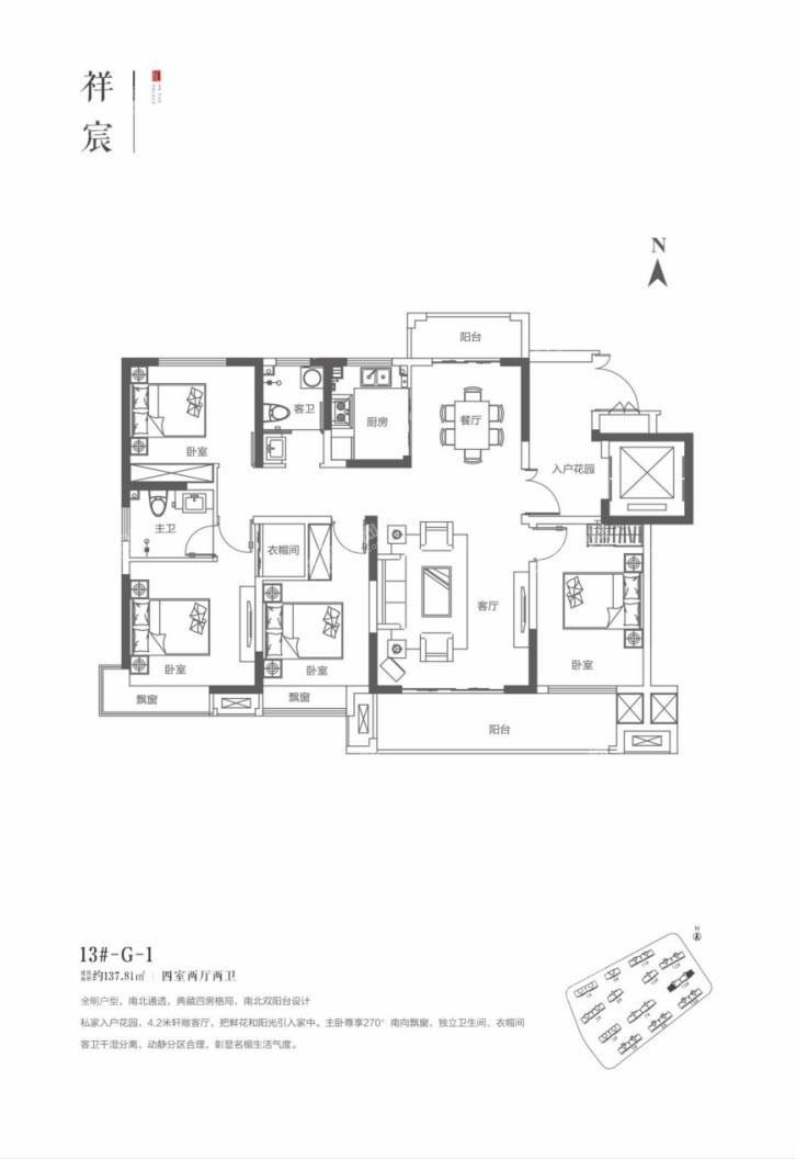 全明户型，南北通透，典藏四房格局，南北双阳台设计，私家入户花园，4.2米轩敞客厅，把鲜花和阳光引入家中，主卧尊享270°南向飘窗，独立卫生间、衣帽间，客卫干湿分离，动静分区合理，彰显生活气度。