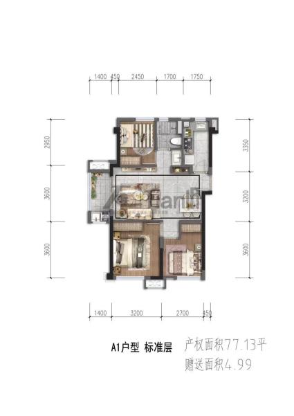  A1户型：边套-79㎡ 三房两厅一卫（报价：均价280万）（月供1.4万/月）