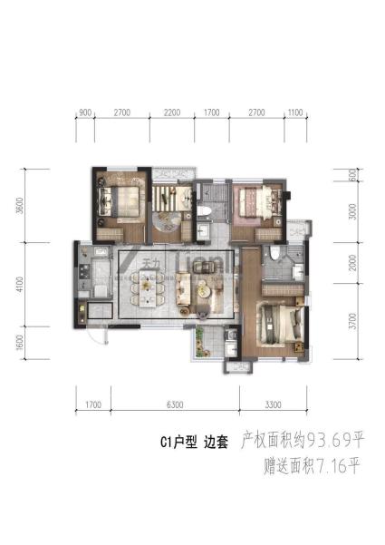  C1户型：边套-94㎡四房两厅两卫