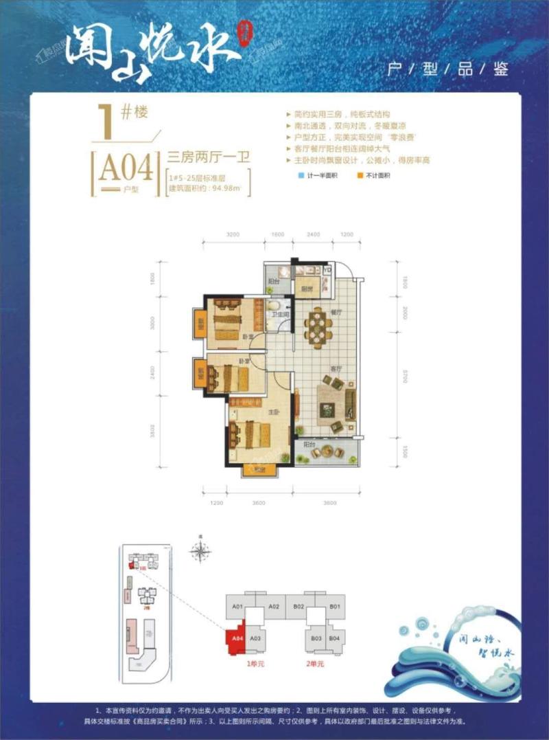 1#楼 A04户型 三房两厅一卫 94.98㎡