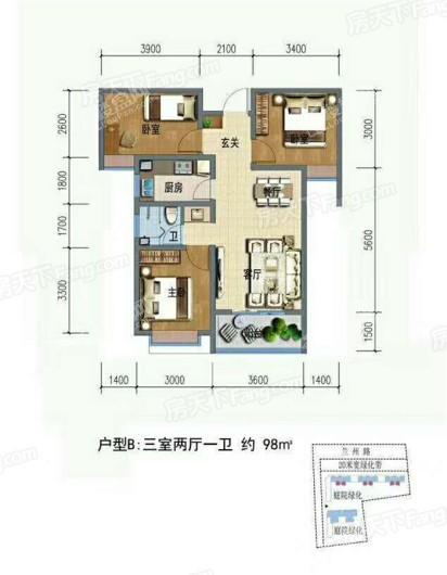 陇尚玫瑰园B户型 3室2厅1卫1厨