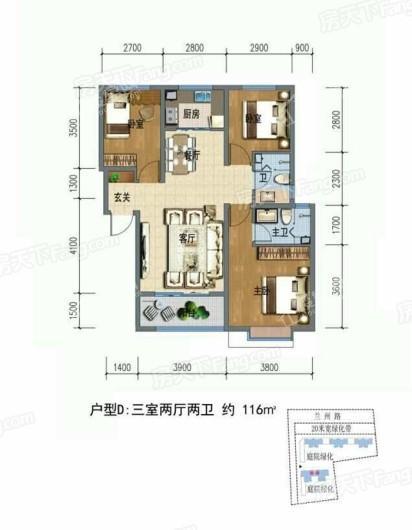 陇尚玫瑰园D户型 3室2厅2卫1厨