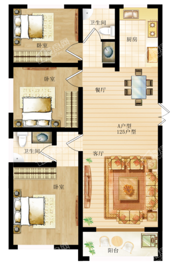 锦效宏苑A户型 3室2厅2卫1厨