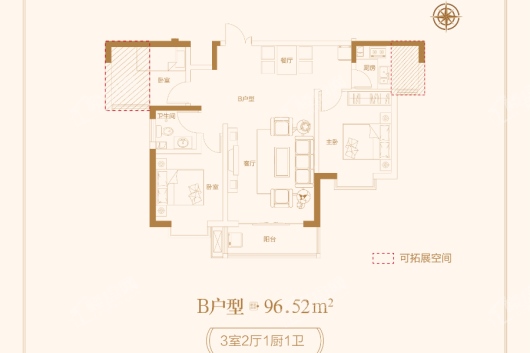 伍岳·雍城天悦B户型 3室2厅1卫1厨