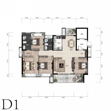 D1户型 四房两厅两卫三阳台 143.46㎡