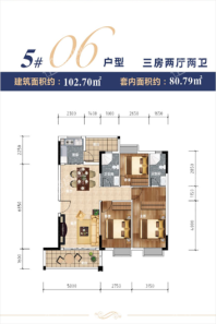 江临世家5#06户型102.70㎡三房两厅两卫 3室2厅2卫1厨